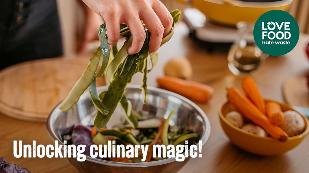 vegetable peelings in a steel bowl on a kitchen benchtop