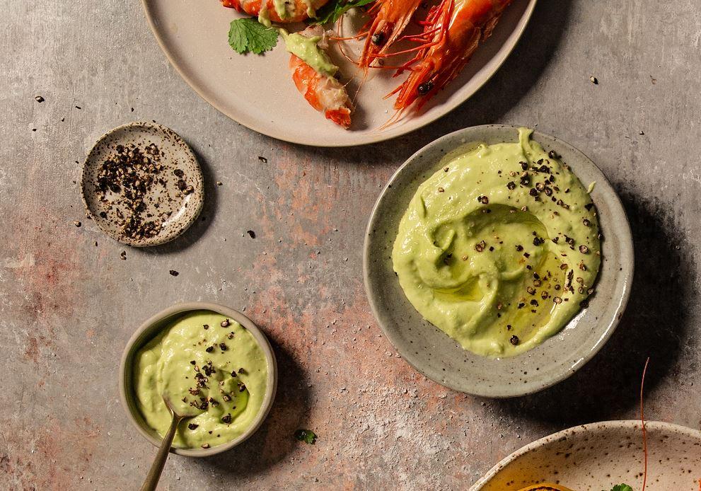 Image of avocado aoli in bowls with prawns